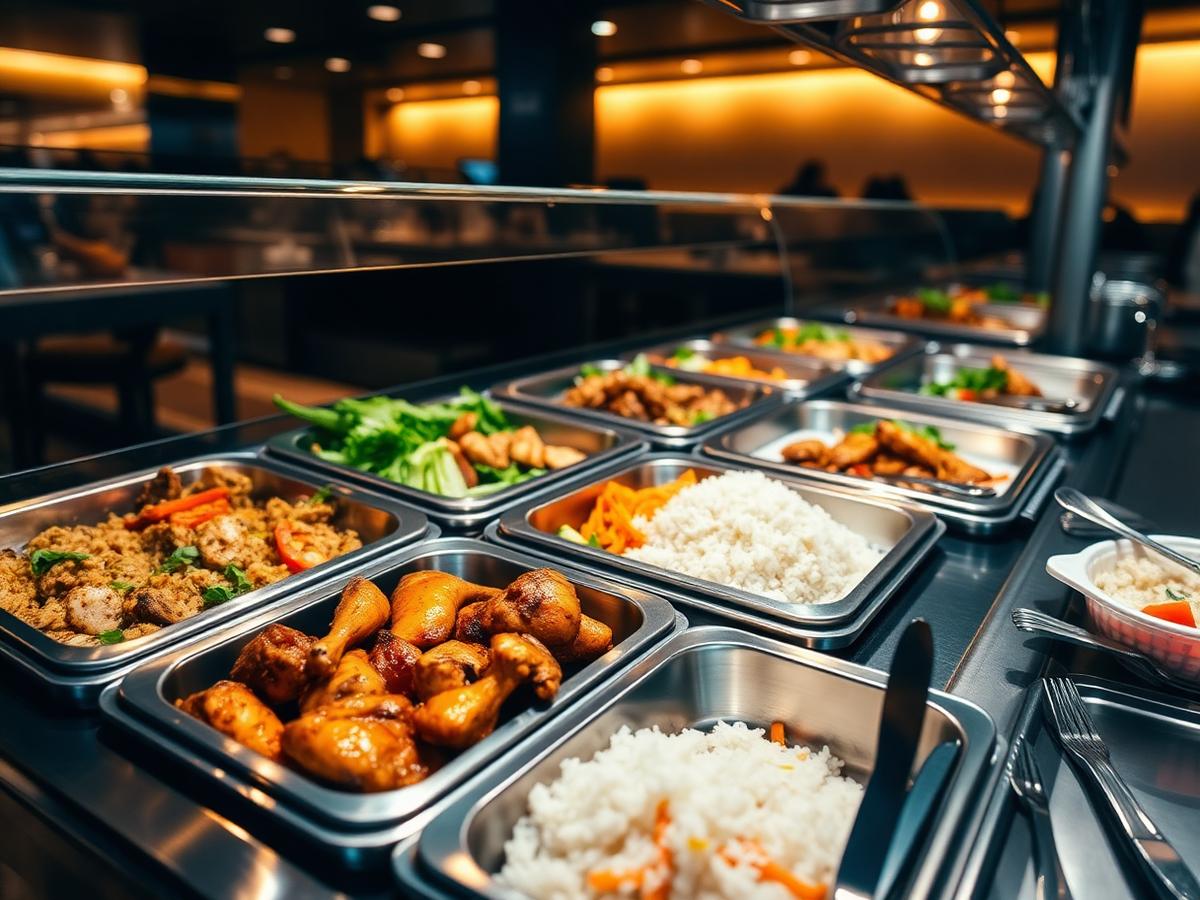 Refeições balanceadas servidas em buffet de restaurante corporativo