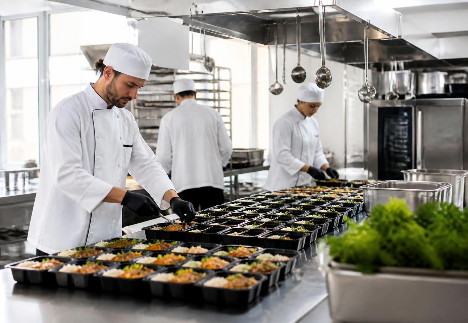 Equipe de cozinha industrial preparando refeições corporativas
